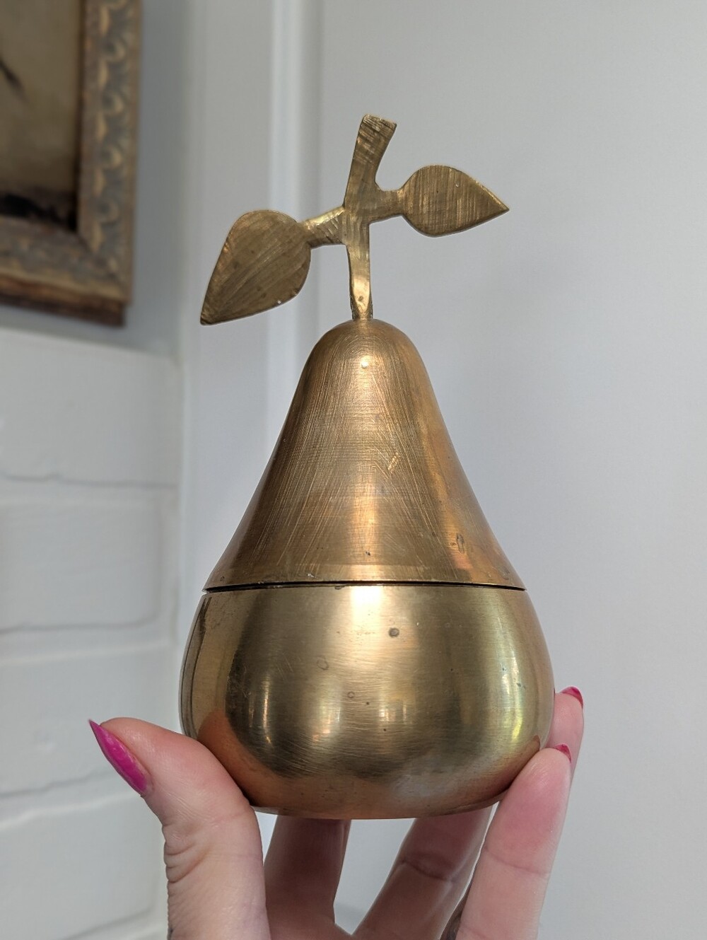 🍐VTG Mid Century Brass Pear Decor Trinket Box Gold Accent Bookshelf Display